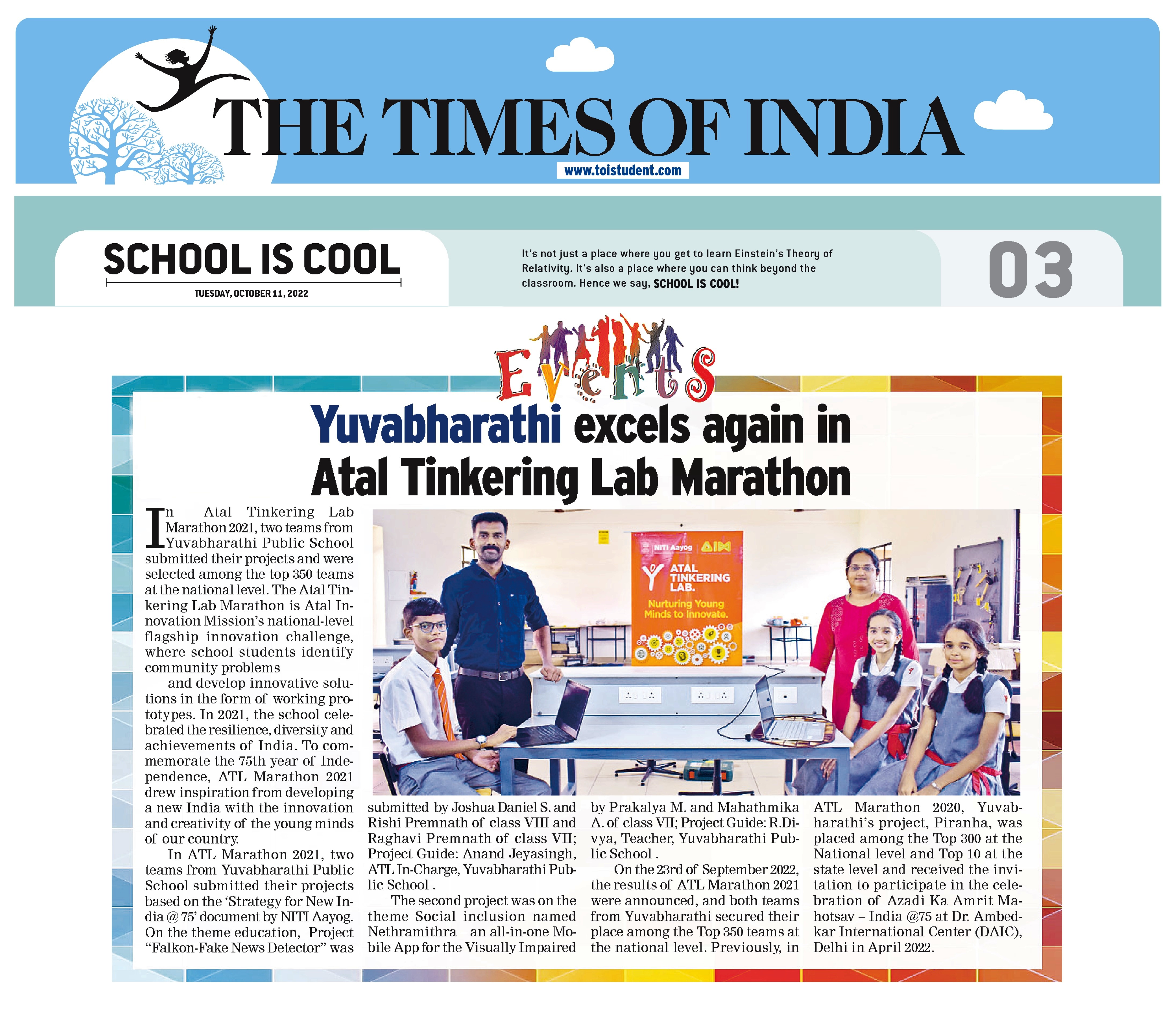 The Times of India ATL Marathon Article | Best CBSE School in Coimbatore.